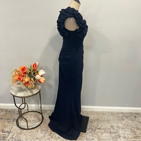 Aqua Brand Navy Blue Ruffled One Shoulder Maxi Formal Evening Gown - Reemoly - Picture 5 of 13
